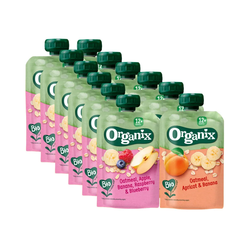 Knijpfruitpakket 12+m Haver - Havermout Abrikoos & Banaan 6x 100 gr & Havermout Appel Banaan Framboos & Bosbes 6x 100 gr - Pakket Pakket