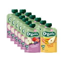 Knijpfruitpakket 6+m - Mango Peer & Granola 6x 100 gr & Appel Aardbei & Blauwe Bes 6x 100 gr - Pakket