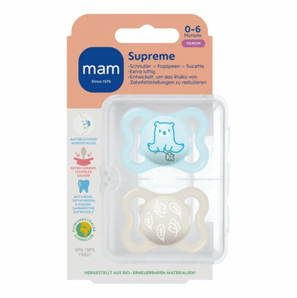MAM Fopspeen Supreme Silikon 0-6 mnd Blauw 2 stuks