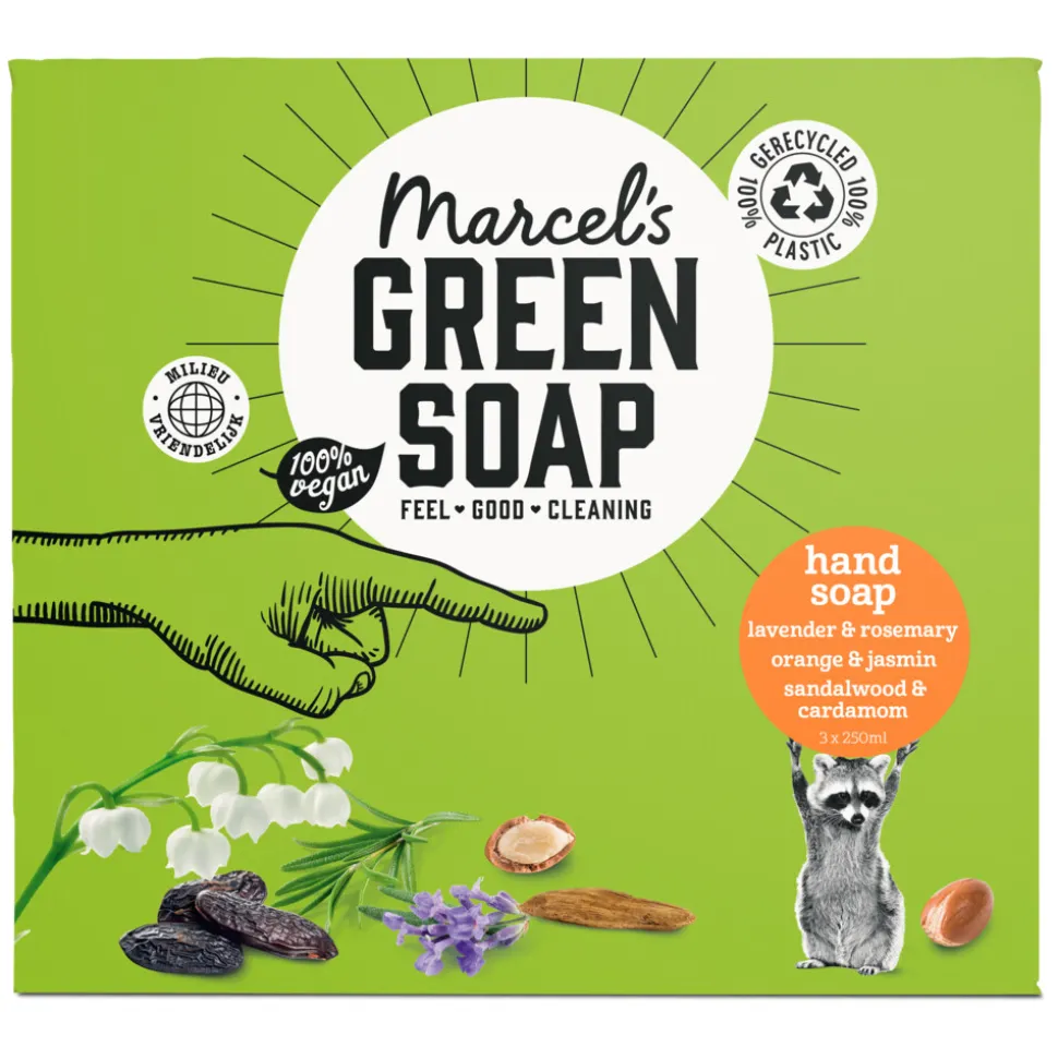 Marcel's Green Soap Handzeep Sin & Jas 250 ml + Lav & Roz 250 ml + Sand & Kord250 ml 1 geschenkset