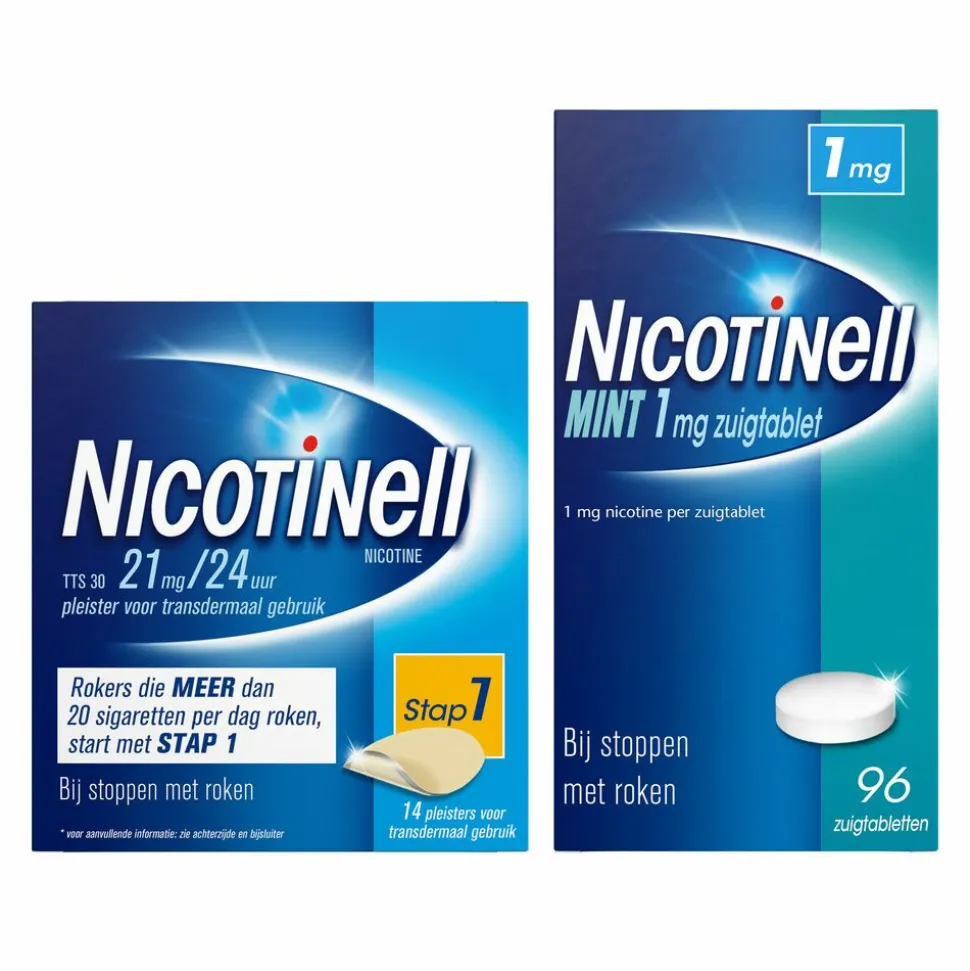 Nicotinell Combinatie therapie: Pleister 21 mg 14 st + Zuigtablet Mint 1 mg 96 st Pakket