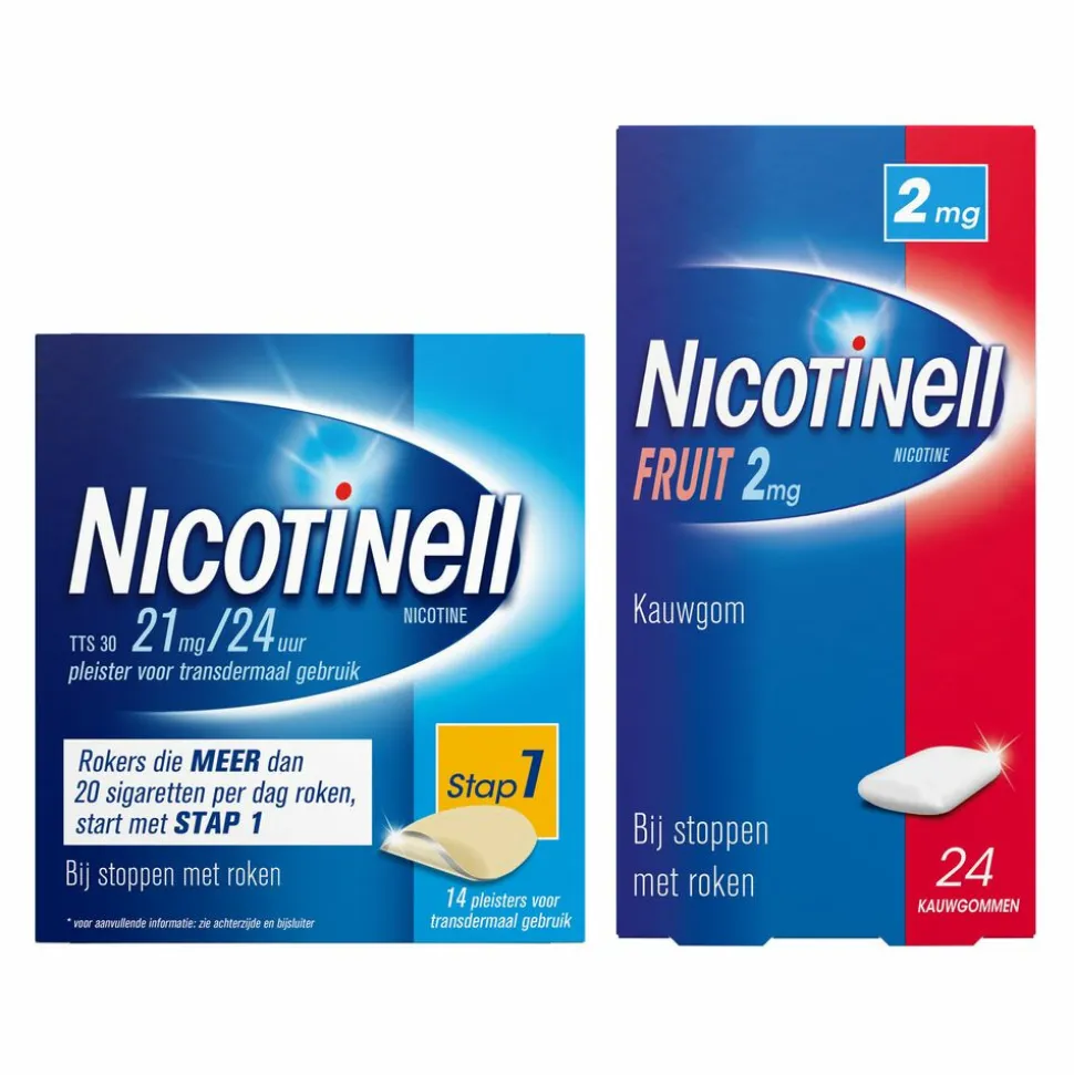 Nicotinell Combinatie therapie: Pleister 21 mg 14 st + Kauwgom Fruit 2mg 24 st Pakket