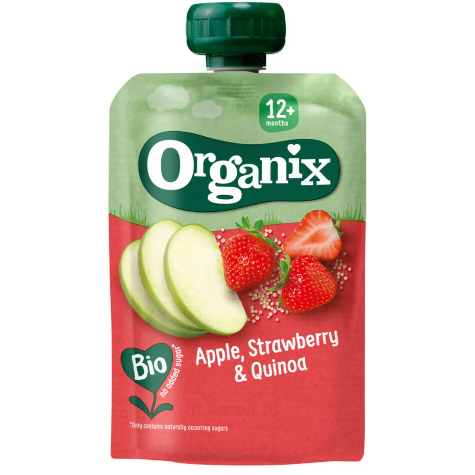 Organix Knijpfruit Maandbox 12+ mnd - Havermout Abrikoos & Banaan 12 x 100 gr + Haver Appel & Banaan 12 x 100 gr + Appel Aardbei & Quinoa 6 x 100 gr Pakket