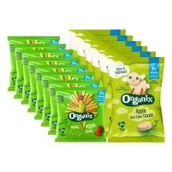 Organix Snack pakket 7+m - Luchtige Rijstwafeltjes Appel 6x 40 gr & Knabbels Groentesticks 8x 15 gr - Pakket