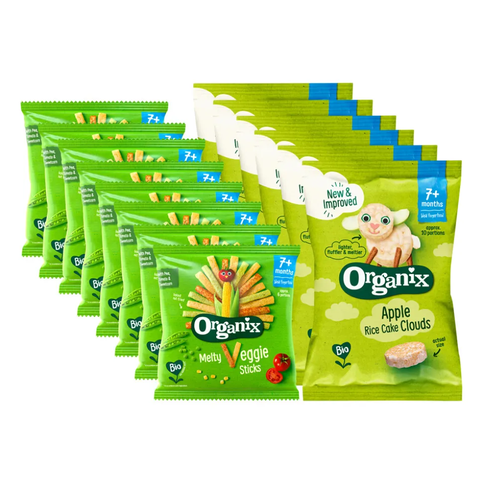 Organix Snack pakket 7+m - Luchtige Rijstwafeltjes Appel 6x 40 gr & Knabbels Groentesticks 8x 15 gr - Pakket