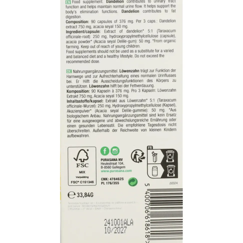 Purasana Single Plants Powders Paardenbloem Extract Bio 90 capsules