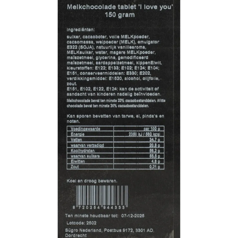 Pure Verwennerij Chocolade Tablet I Love You 150 gr