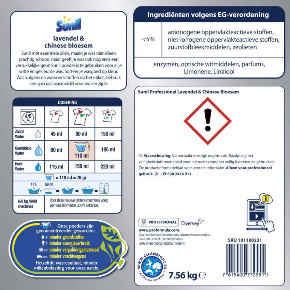 Sunil Professional Wasmiddel Poeder Lavendel & Chinese Bloesem - 108 Wasbeurten Pro Formula 7,56 kg