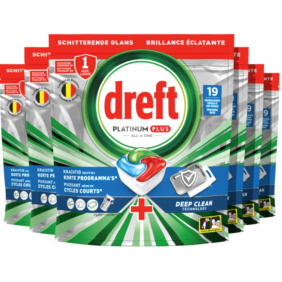 6x Dreft Vaatwastabletten Platinum Plus All In One Deep Clean 19 stuks