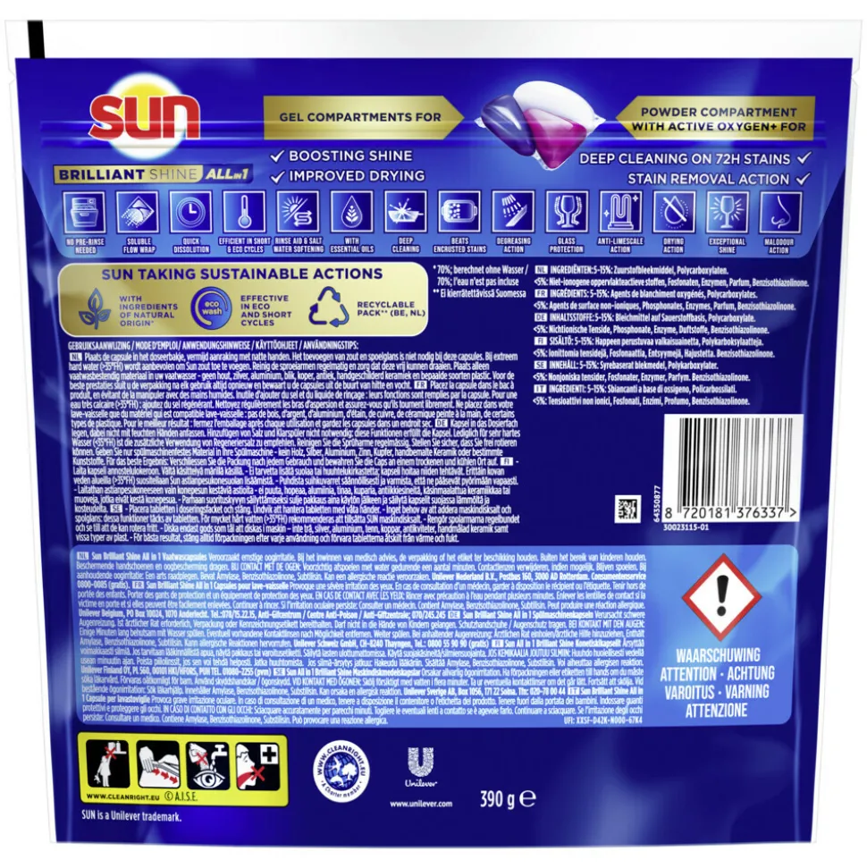 5x Sun Brilliant Shine All-in 1 Vaatwascapsules 26 stuks