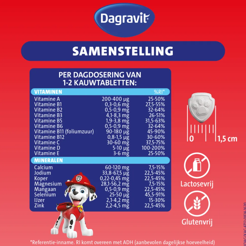 2x Dagravit Multivitamine Kids Extra 3-5 Jaar Paw Patrol 60 Kauwtabletten