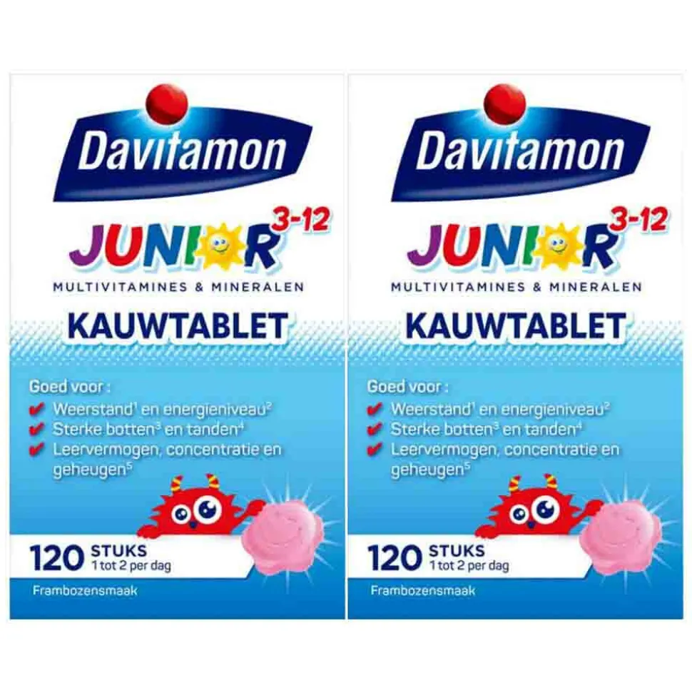 2x Davitamon Junior 3+ Kauwvitamines Framboos 120 kauwtabletten