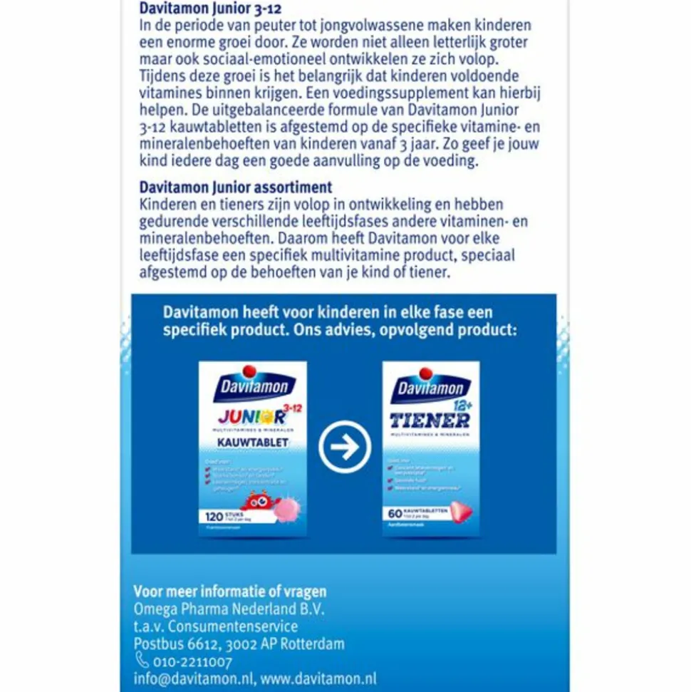 2x Davitamon Junior 3+ Kauwvitamines Framboos 120 kauwtabletten