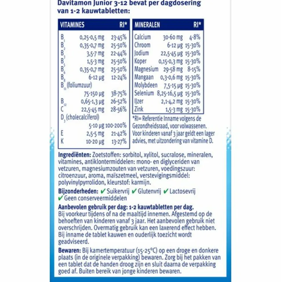 2x Davitamon Junior 3+ Kauwvitamines Framboos 120 kauwtabletten