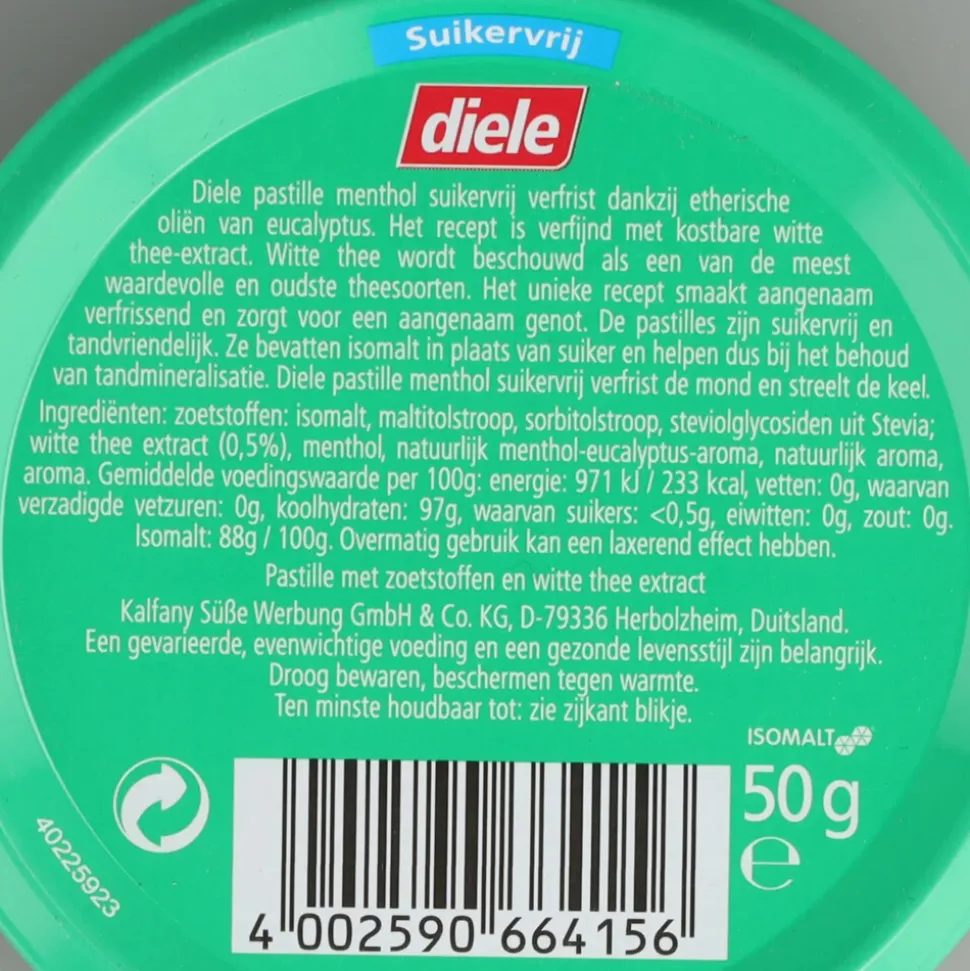 10x Diele Pastilles Menthol Suikervrij 50 gr