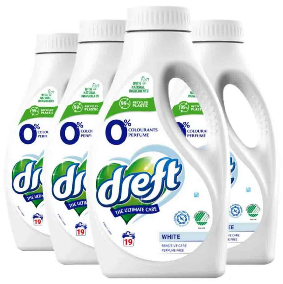 4x Dreft Vloeibaar Wasmiddel 0% Witte Was 19 Wasbeurten 988 ml