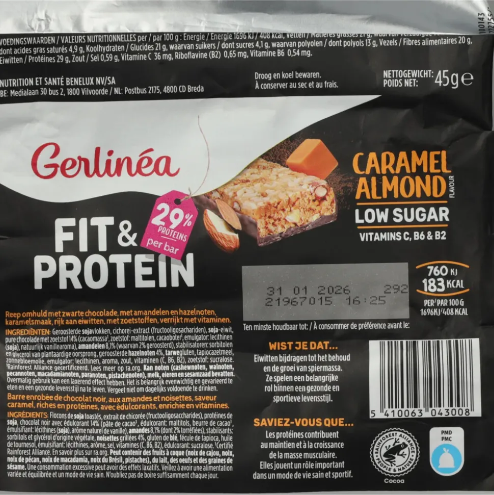 16x Gerlinea Fit & Protein Reep Caramel Almond 45 gr