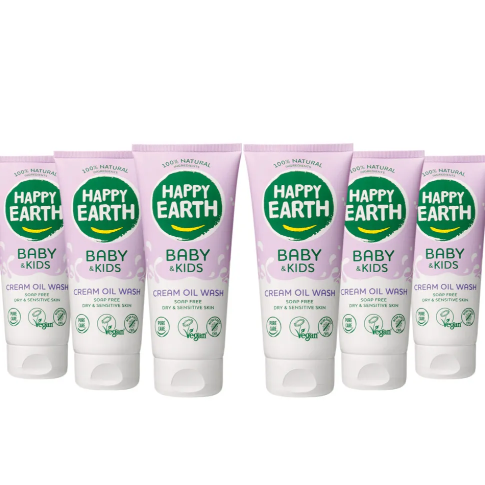 6x Happy Earth Cream Oil Wash 100% Natuurlijk Baby & Kids 200 ml