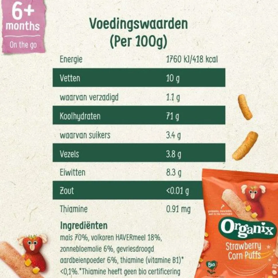 5x Organix Babysnack 6+m Strawberry Corn Puffs 25 gr