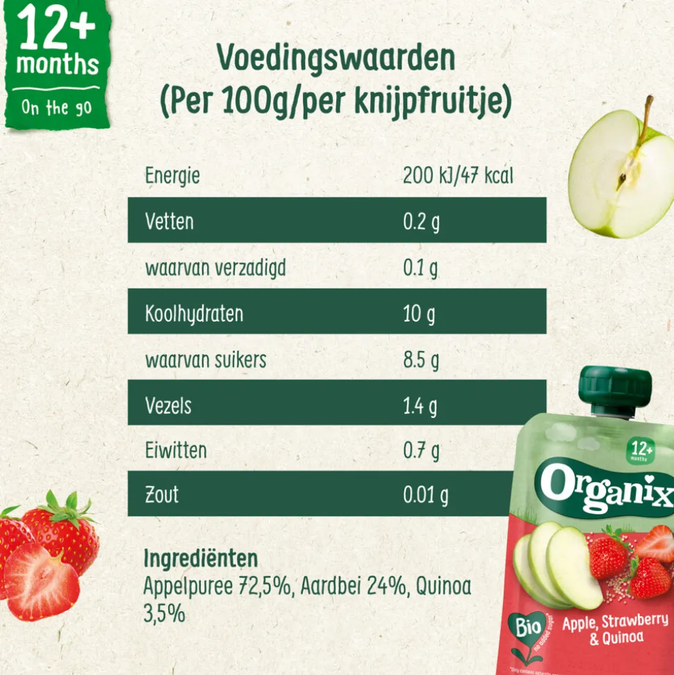6x Organix Knijpfruit 12+m Appel Aardbei & Quinoa 100 gr