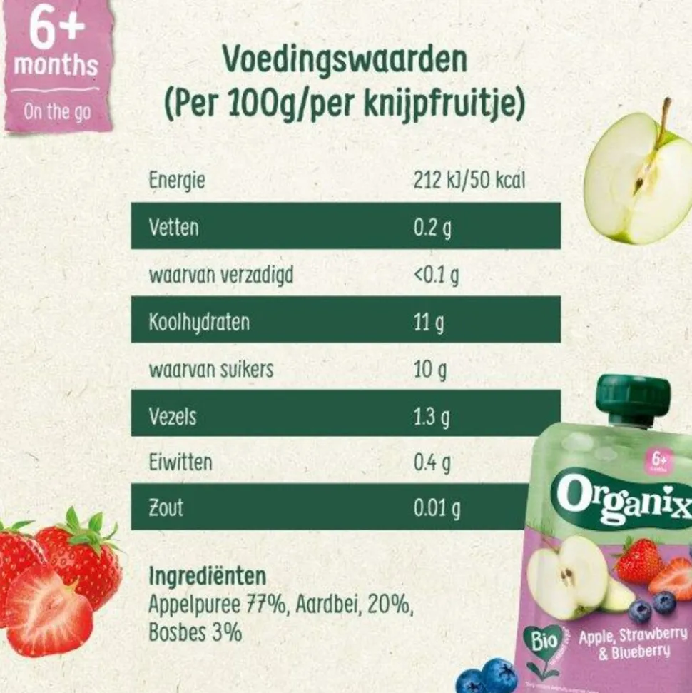6x Organix Knijpfruit 6+m Appel Aardbei & Blauwe Bes 100 gr