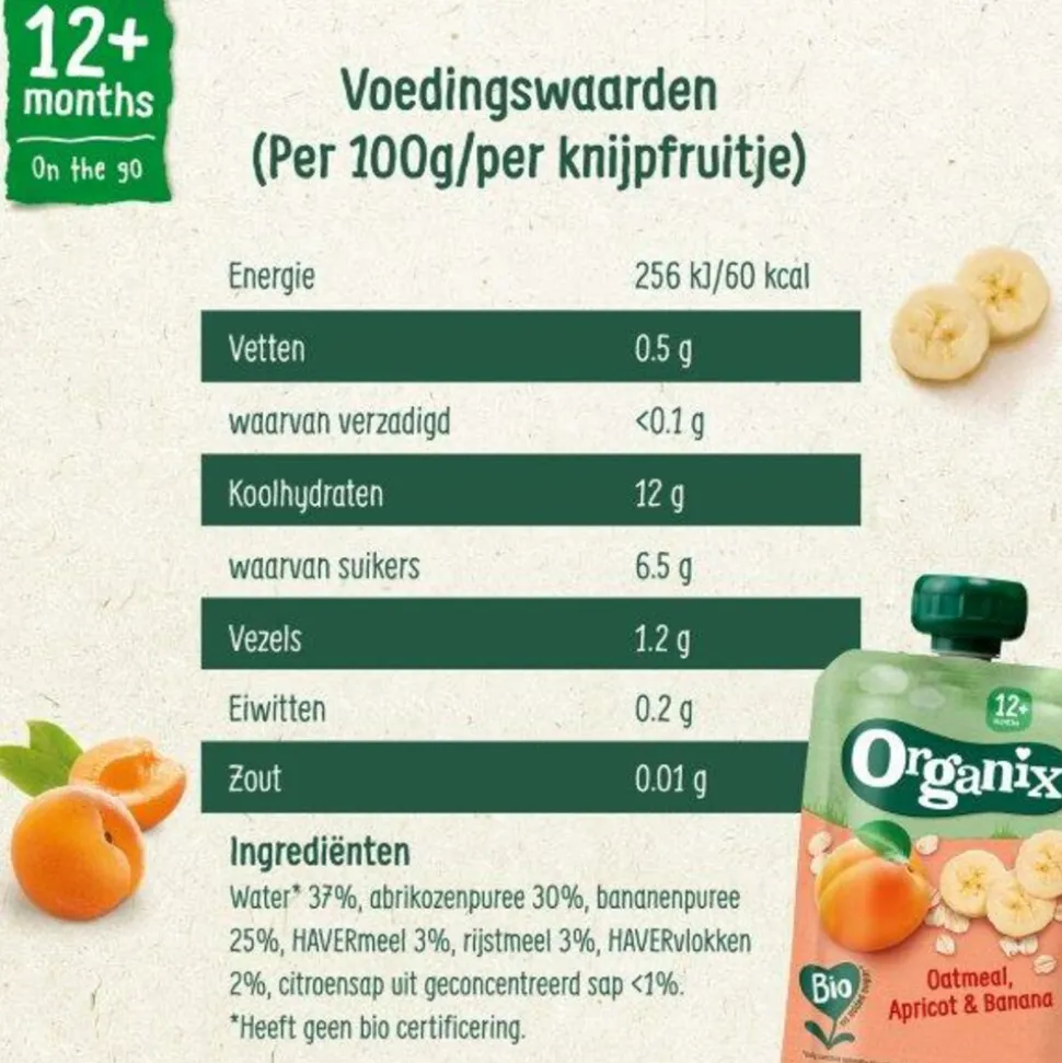 6x Organix Knijpfruit 12+m Havermout Abrikoos & Banaan 100 gr