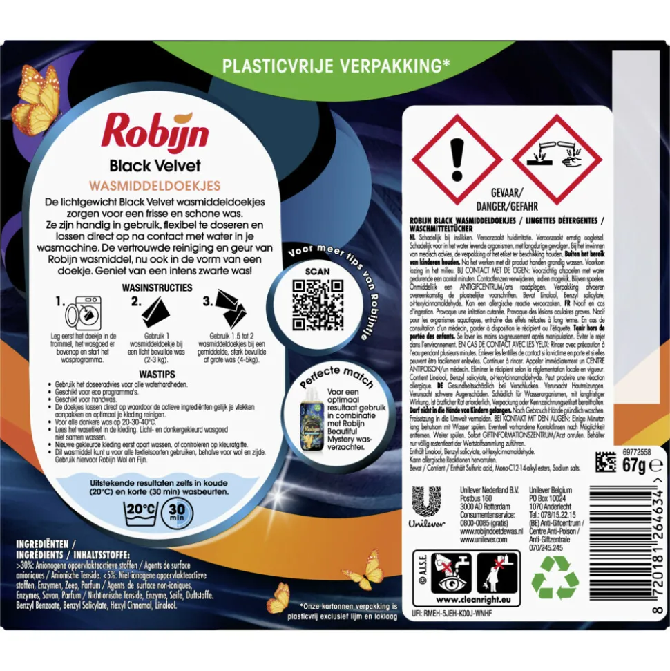 10x Robijn Wasmiddeldoekjes Black Velvet 16 stuks