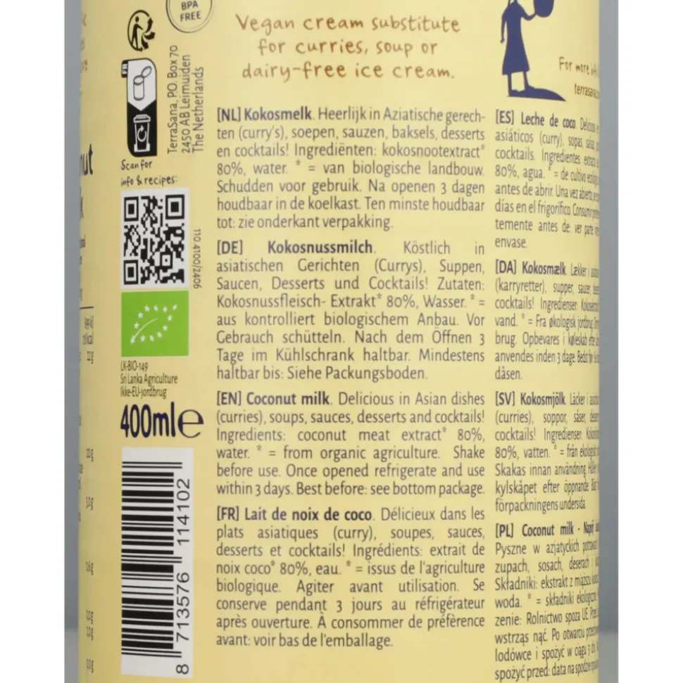3x Terrasana Kokosmelk 22% Vet 400 ml