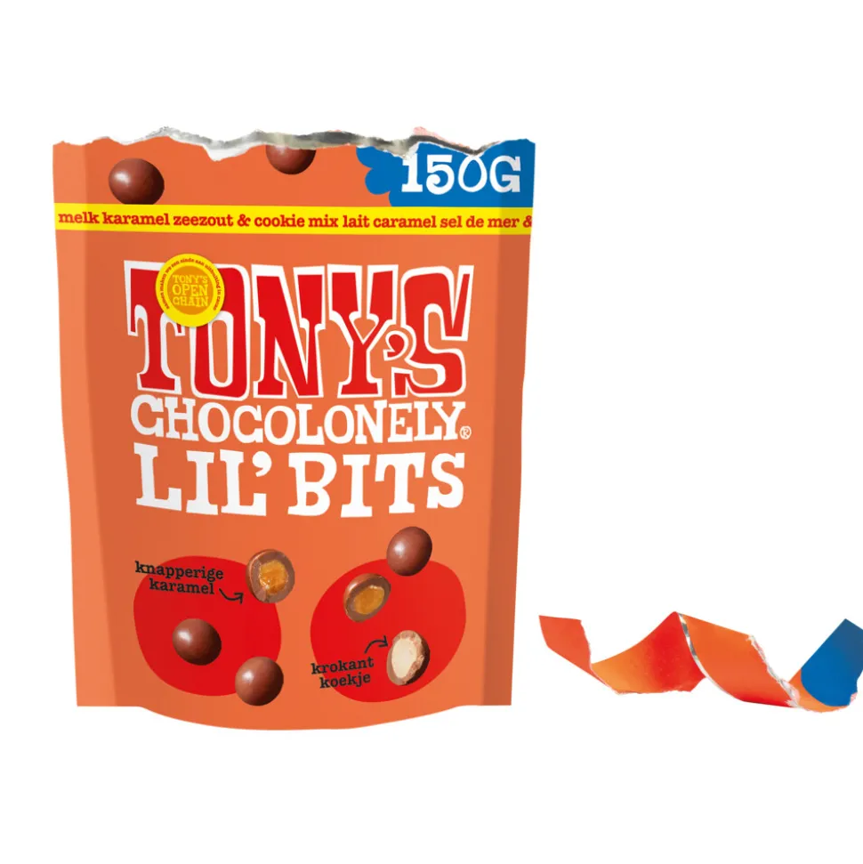 8x Tony's Chocolonely Lil'Bits Melk Karamel Zeezout Biscuit 150 gr