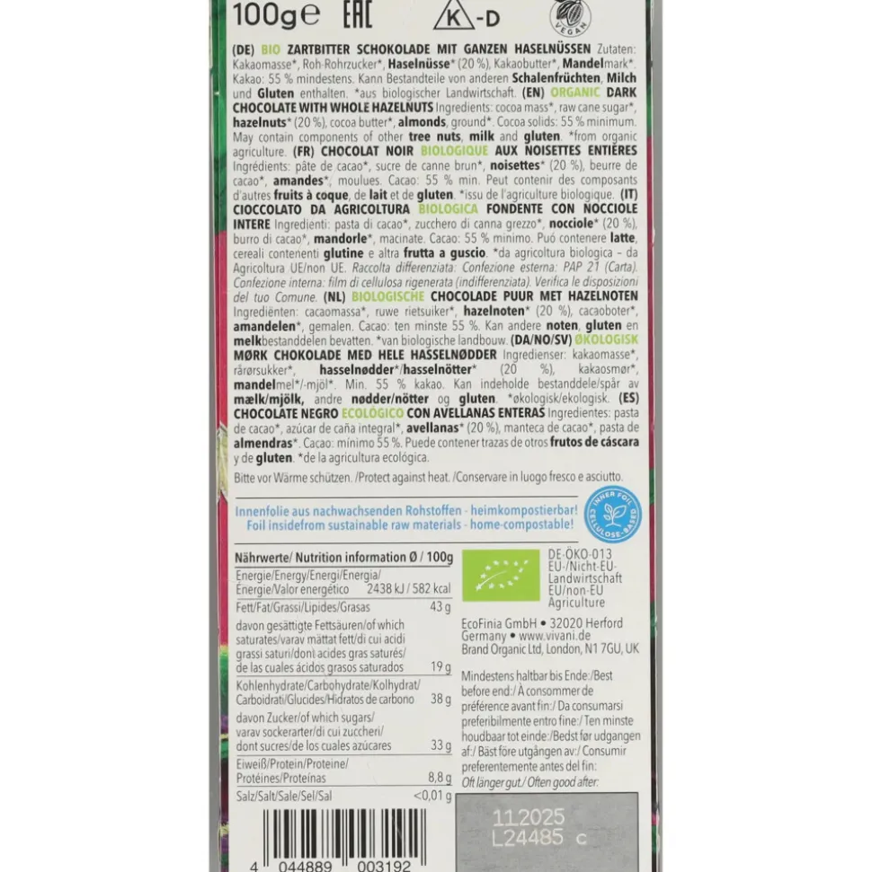 10x Vivani Chocoladereep Puur Hazelnoot 100 gr