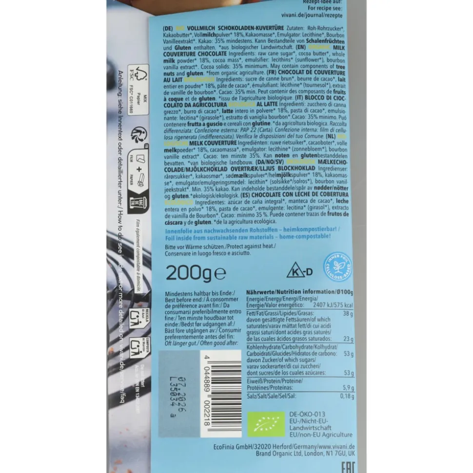10x Vivani Couverture Smeltchocolade Melk Biologisch 200 gr