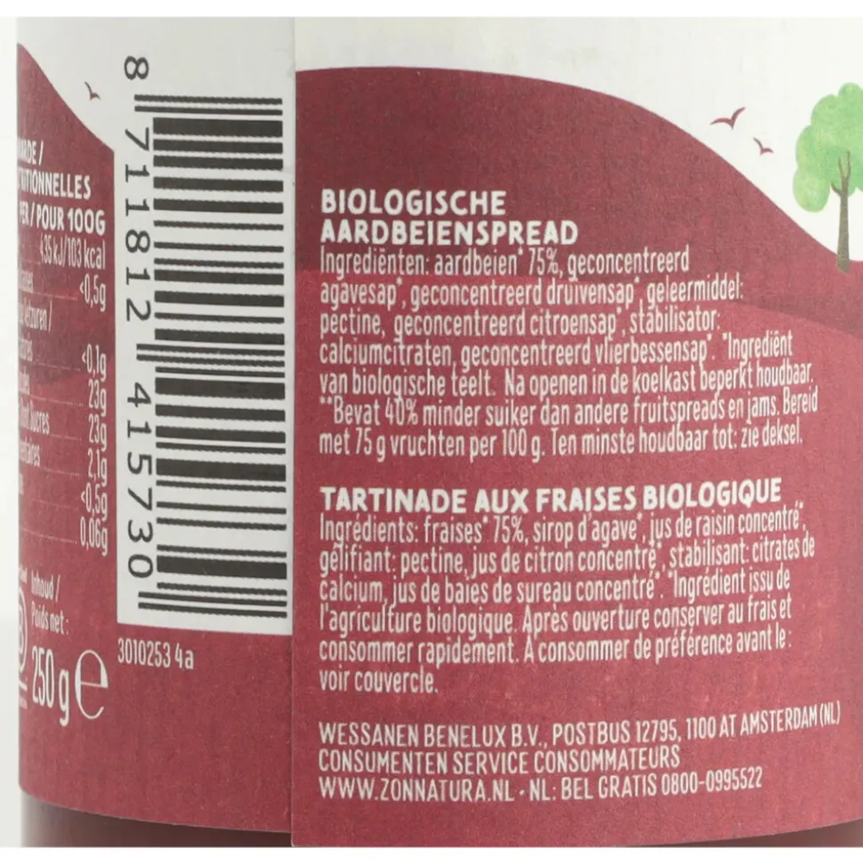 3x Zonnatura Fruitspread Aardbei Biologisch 250 gr