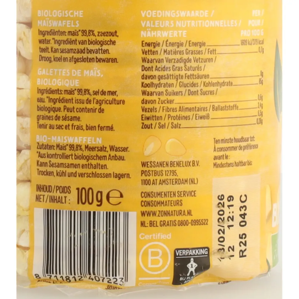 3x Zonnatura Maiswafels Biologisch 100 gr